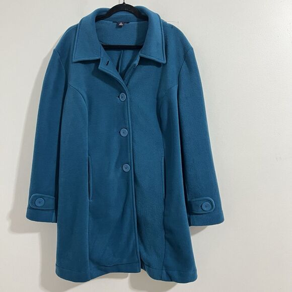 Roaman's Fleece Jacket Size 1X Teal Blue Swing Coat Button Up Mid Length Outdoor - Picture 1 of 6